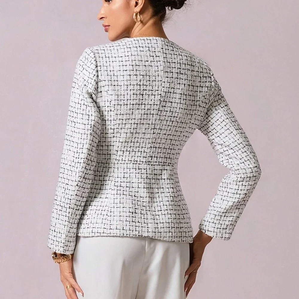 White Preppy Womens Plaid Pattern Double Breasted Tweed Overcoat - Picture 2 of 5